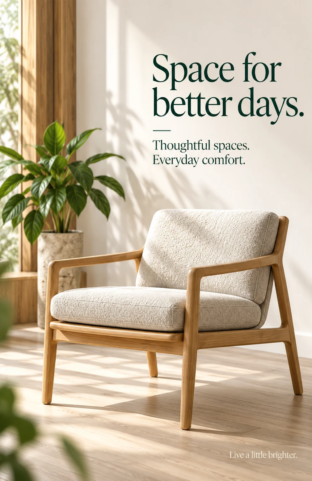Furniture advertising concept: a light oak chair in a minimal interior