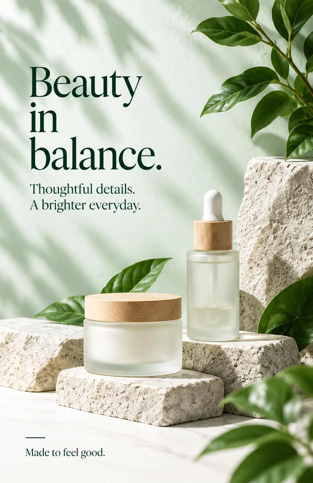 Skincare advertising concept: products on light stone with green foliage